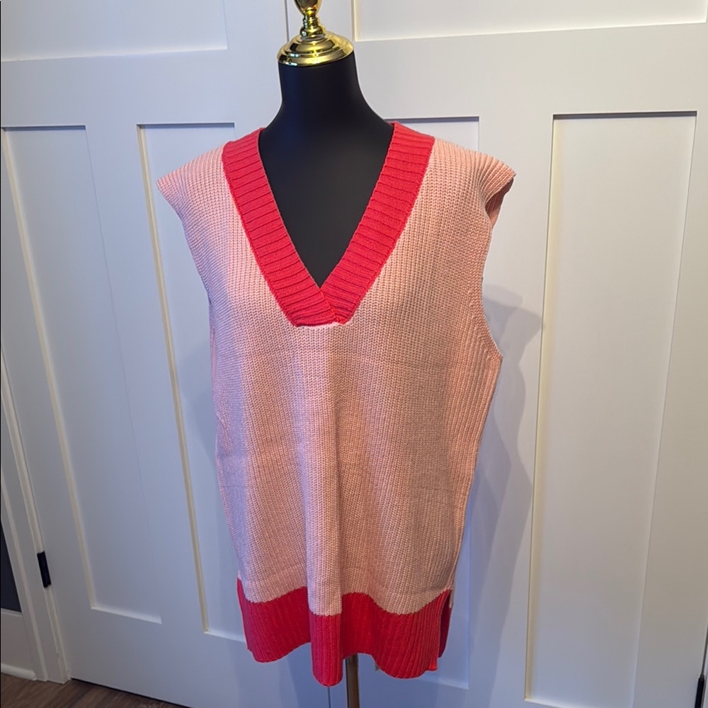 Pink and Red V-Neck Sleeveless Sweater